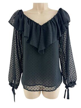 WAYF Black Swiss Dot Ruffle Neck Chiffon Blouse Tie Sleeves Size 6 Top Shirt